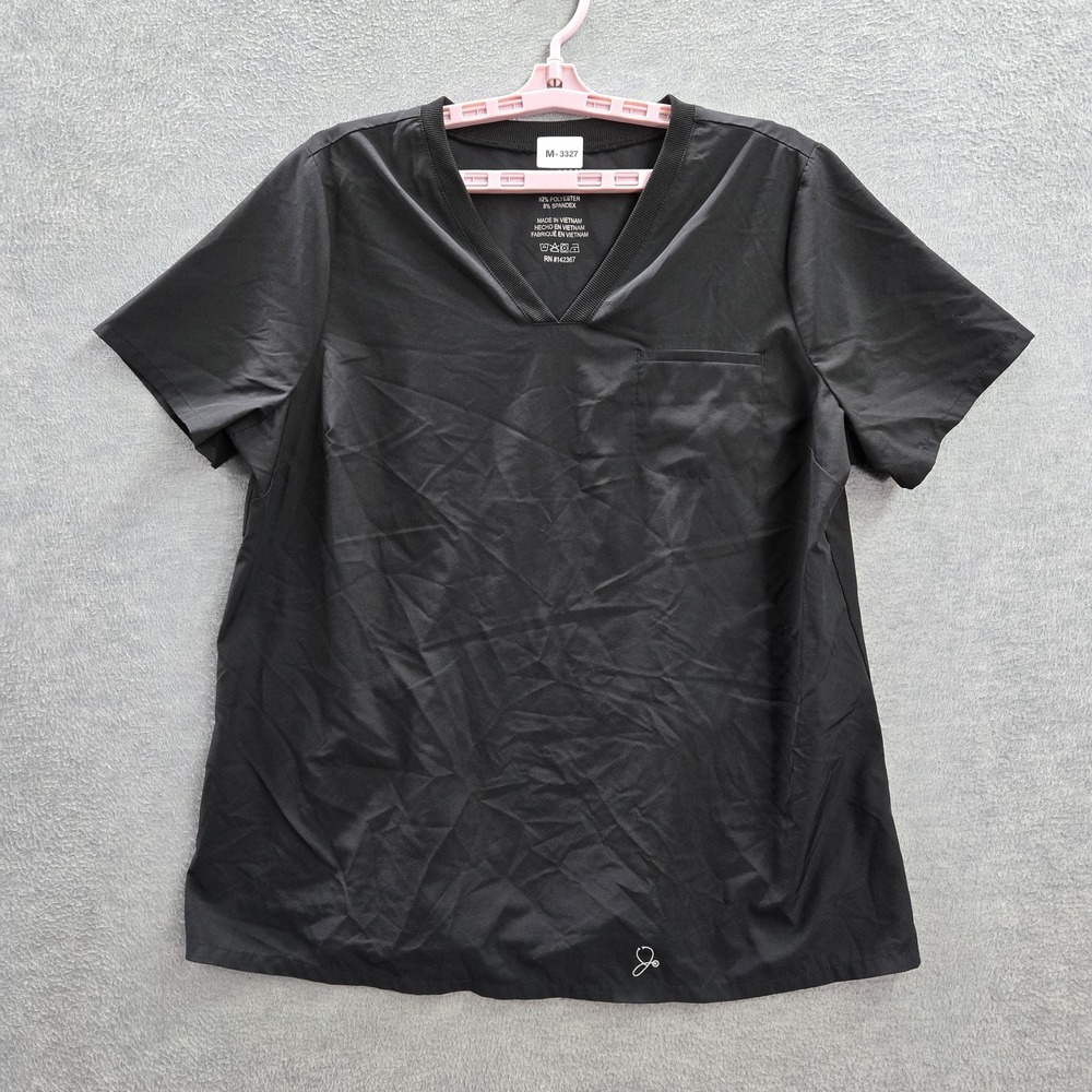 Jaanuu Women Scrub Top‎ XL Black Logo Short Sleeve Polyester Spandex